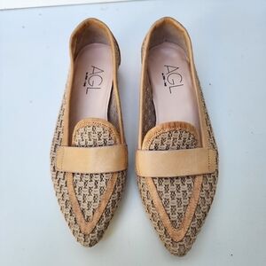 New AGL Blanca Plots Moc Pointed Toe Flat Loafer Woven Leather Trim